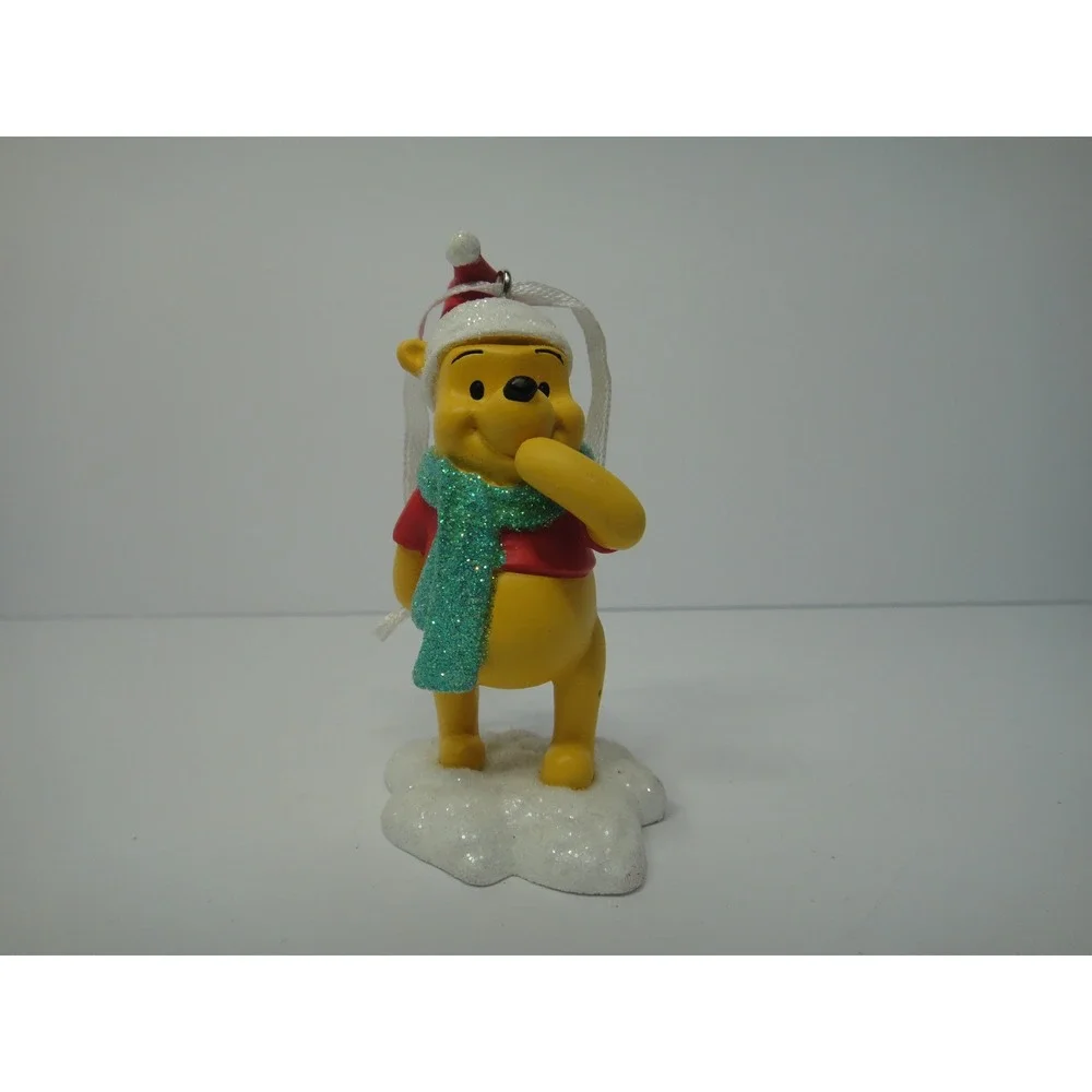 Disney Winnie the Pooh Christmas Ornament Santa Hat Glitter Scarf Snow Base VTG